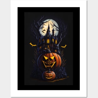 Haunted House And Pumpkins Posters and Art